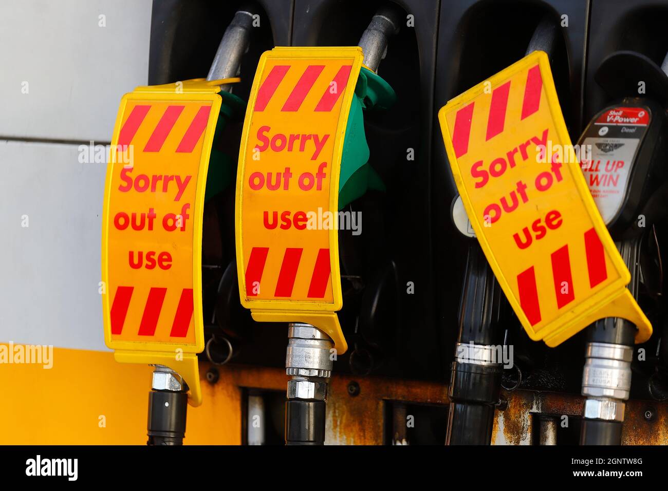 Empty fuel pumps at a Shell service station in Woodlesford,Leeds due to