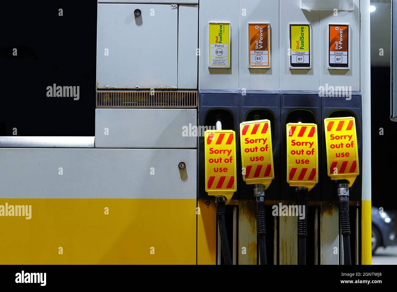 Empty fuel pumps at a Shell service station in Woodlesford,Leeds due to panic buying. Stock Photo