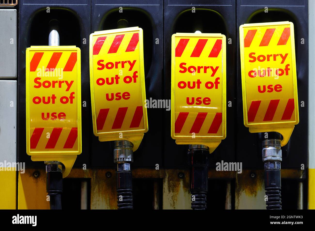 Empty fuel pumps at a Shell service station in Woodlesford,Leeds due to panic buying. Stock Photo