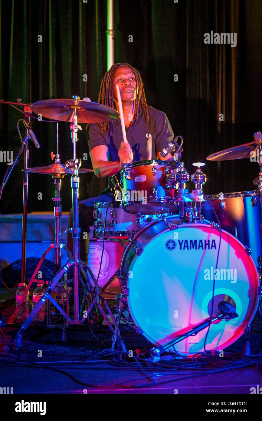 Drummer, Bedouin Soundclash, Shipyards Festival, North Vancouver, British Columbia, Canada Stock Photo