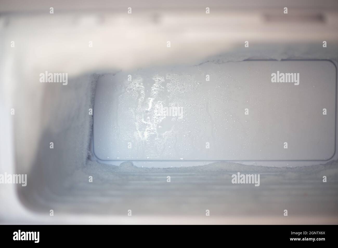 Frozen fridge freezer with ice. Household appliances care. Stock Photo