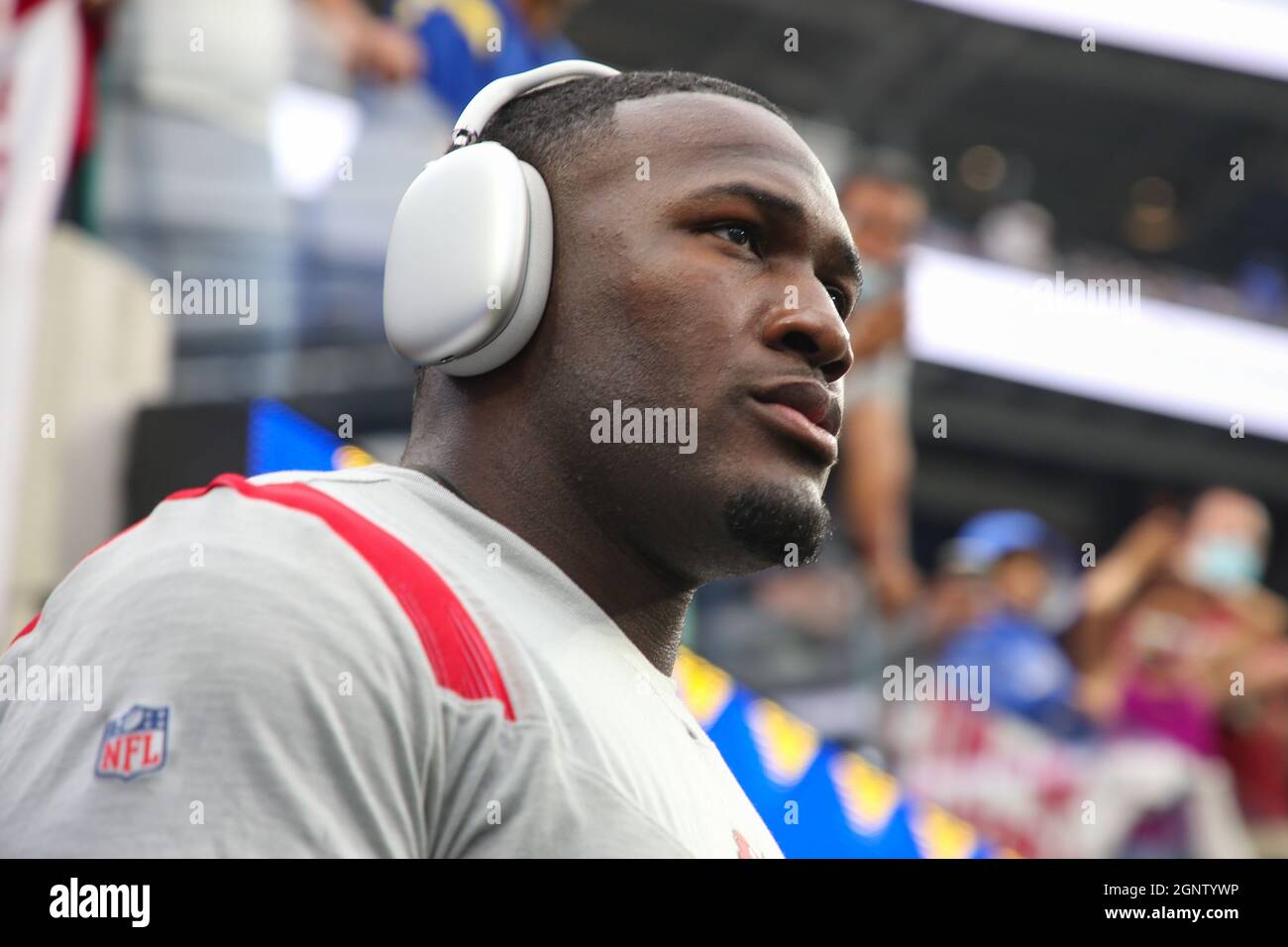 Sunday, September 26, 2021; Englewood, CA USA;  Tampa Bay Buccaneers linebacker Devin White (45) comes out to the field or pregame warmups prior to an Stock Photo