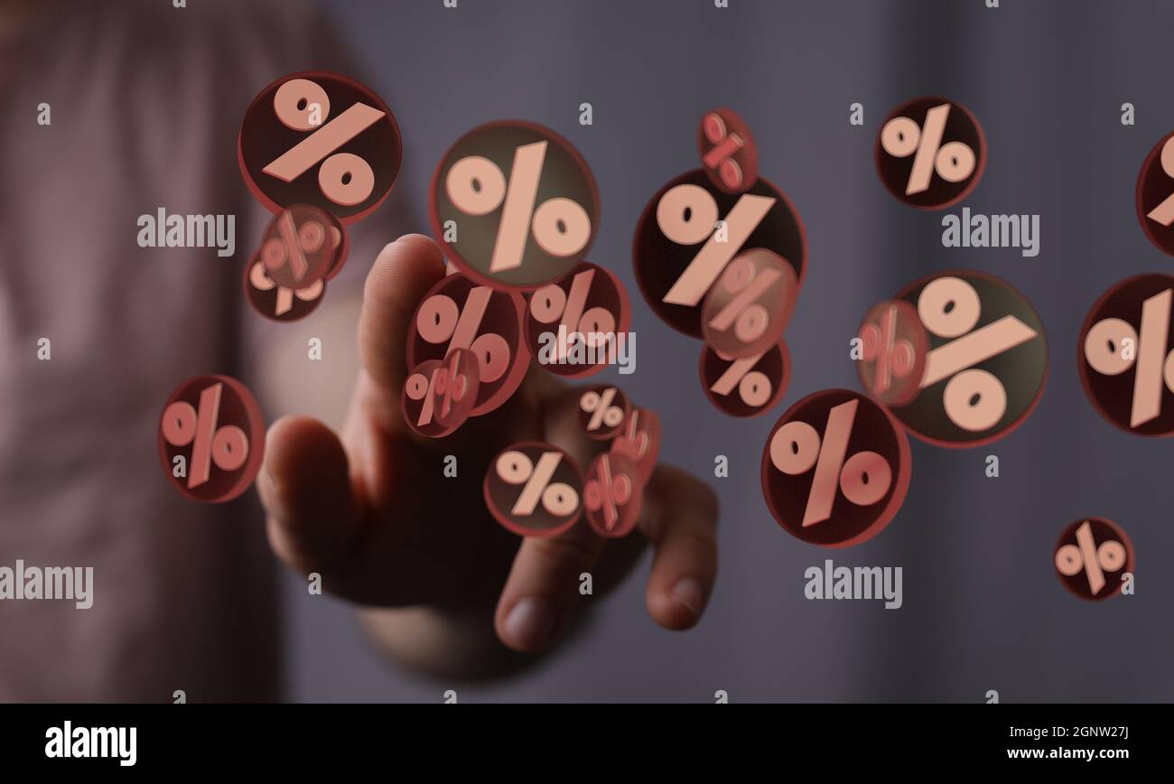 3d rendering of Exploding discount cubes with percent symbols in hand ...