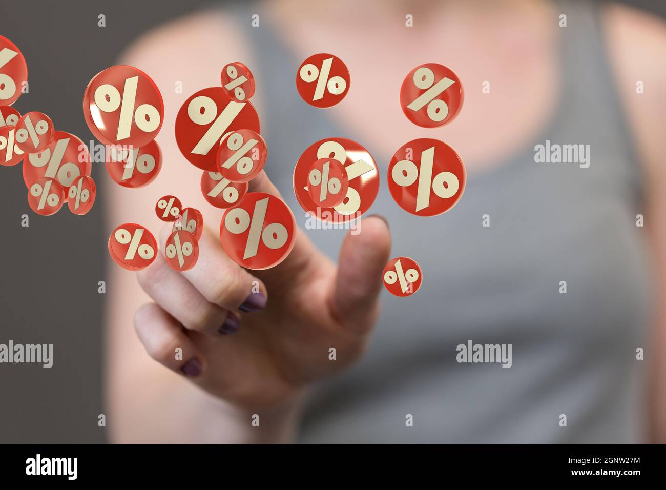 3d render of Exploding discount cubes with percent symbols in hand with ...