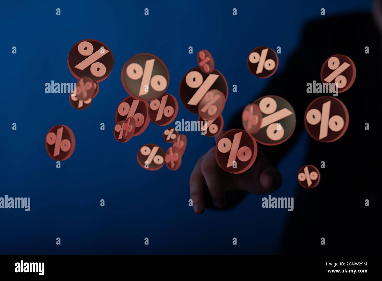 3d rendering of Exploding discount cubes with percent symbols in hand ...