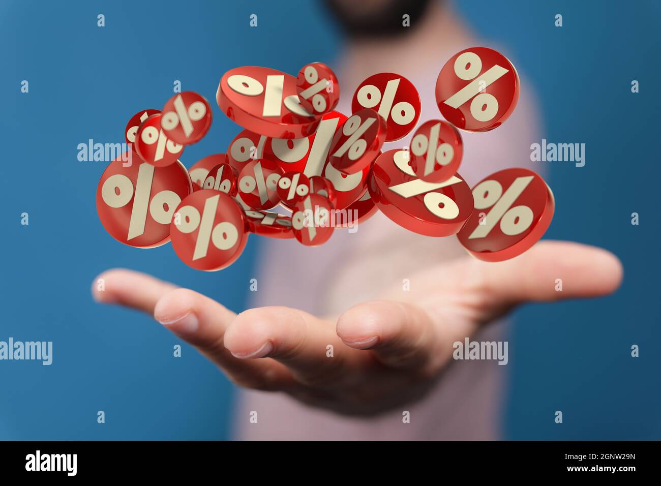 3d rendering of Exploding discount cubes with percent symbols in hand ...