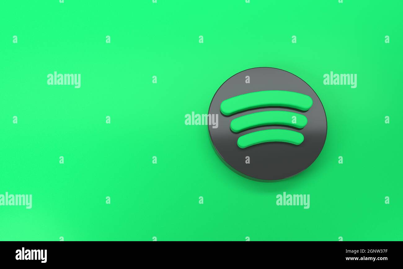 Spotify logo with space for text and graphics on green background. Top view. 3d rendering. Stock Photo