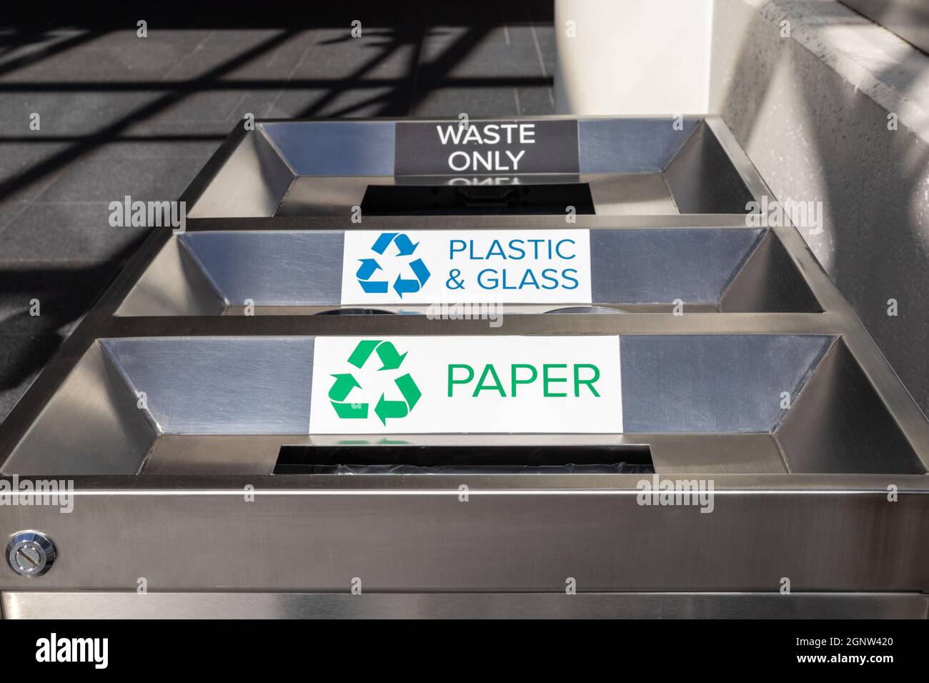 Garbage bin for waste only and recycle, paper, plastic and glass. Trash