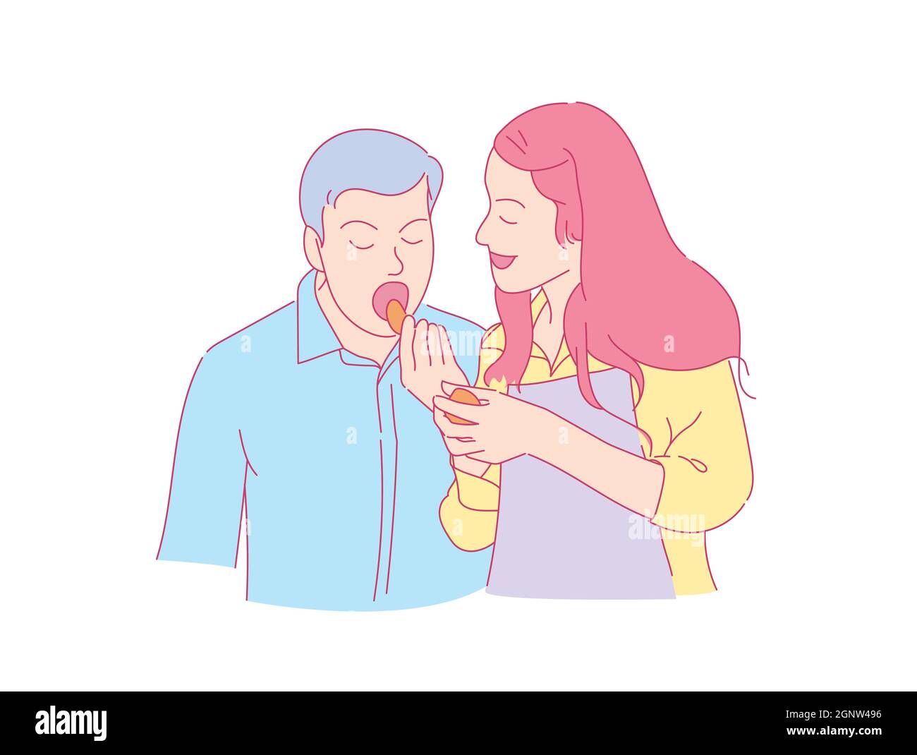 Male and female couples are feeding each other.  positive emotion concept Stock Vector