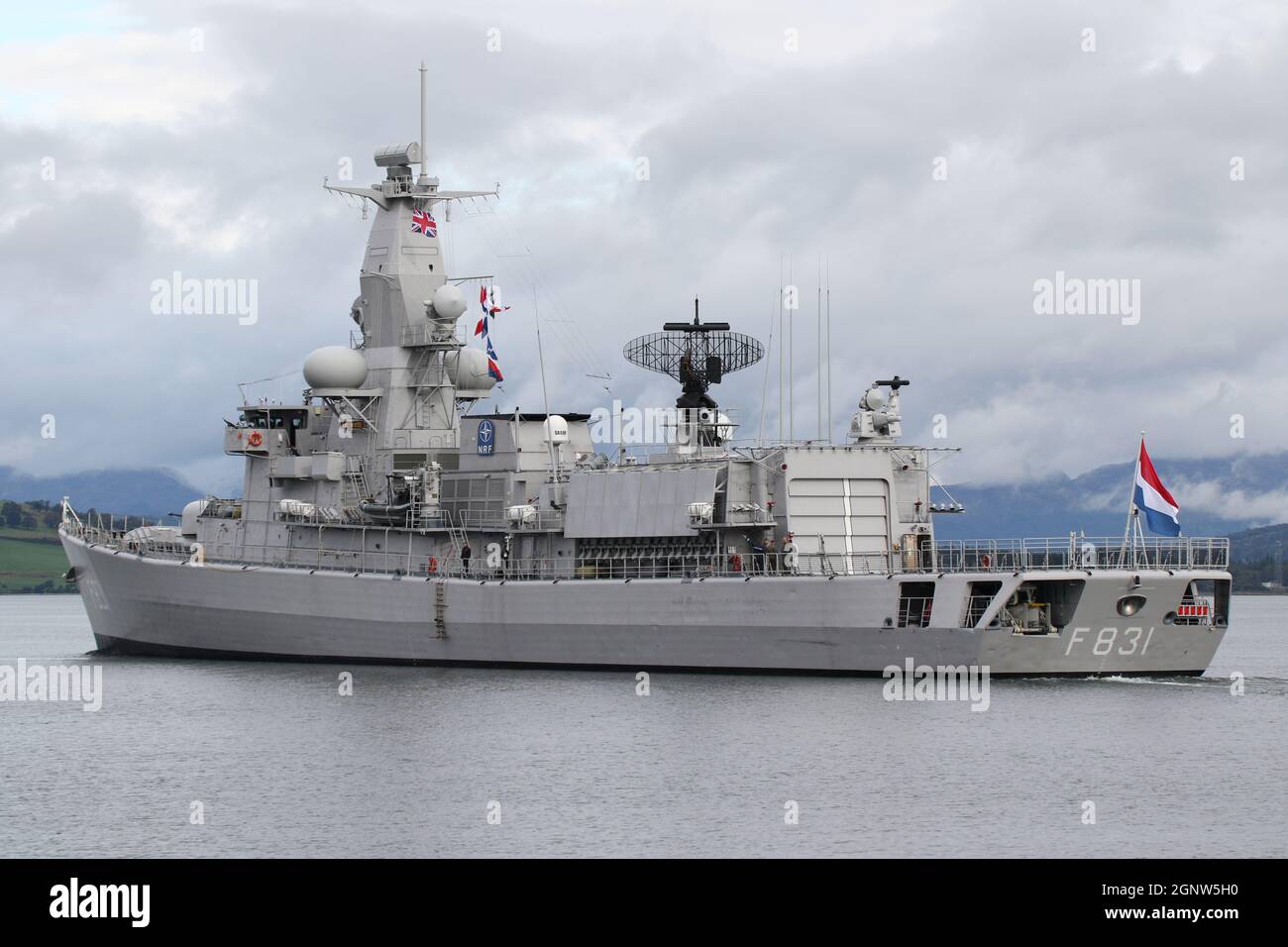 HNLMS Van Amstel (F831), a Karel Doorman-class (or M-class) frigate  operated by the Netherlands Navy, passing Greenock on the Firth of Clyde,  as she heads out to participate in the military exercises