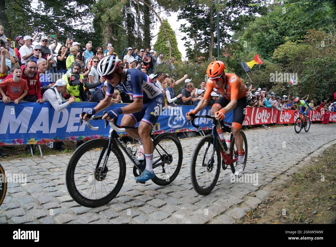 Valentin Madouas (FRA) and Dylan van Baarle (NED) in the elite men road race of the UCI World Championships Road Cycling Flanders 2021 on Sunday 26 September 2021 at Leuven in Belgium. Photo by SCS/Soenar Chamid/AFLO (HOLLAND OUT) Stock Photo