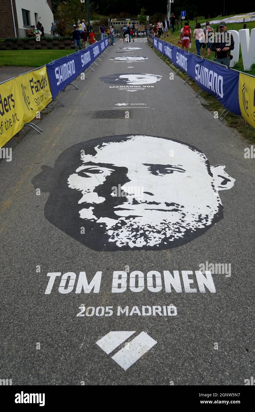 Tribute on the road to Tom Boonen in the elite men road race of the UCI World Championships Road Cycling Flanders 2021 on Sunday 26 September 2021 at Leuven in Belgium. Photo by SCS/Soenar Chamid/AFLO (HOLLAND OUT) Stock Photo