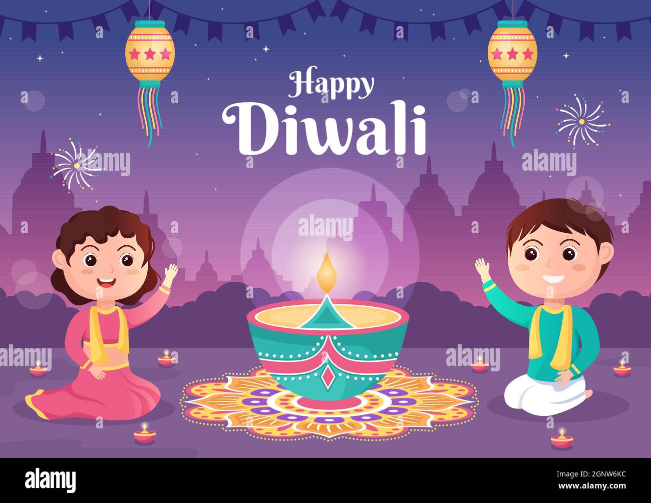 Cute Indian Kids Celebrating Diwali Day Holding Lanterns, lighting  Fireworks and Mandala or Rangoli Art With the Background Vector  Illustration Stock Vector Image & Art - Alamy