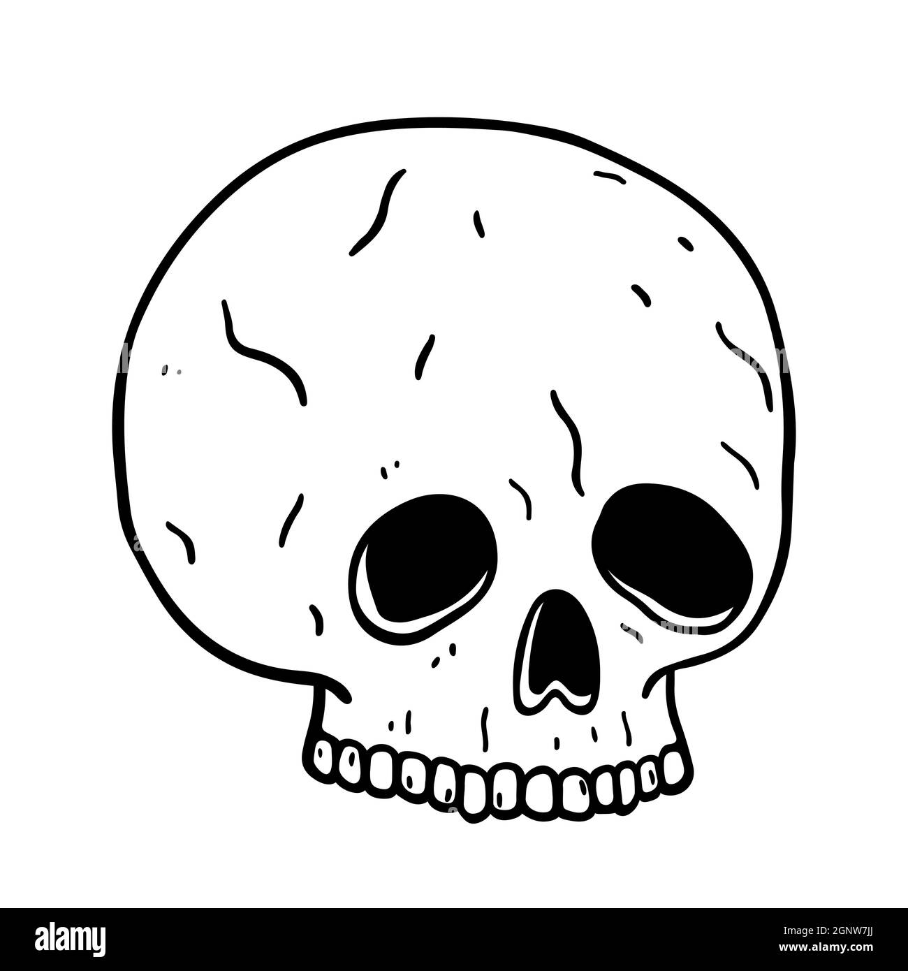 Spooky human skull isolated on white background. Creepy and scary face of a dead man. Hand-drawn vector illustration in doodle style. Perfect for Halloween designs, cards, decorations, logo. Stock Vector