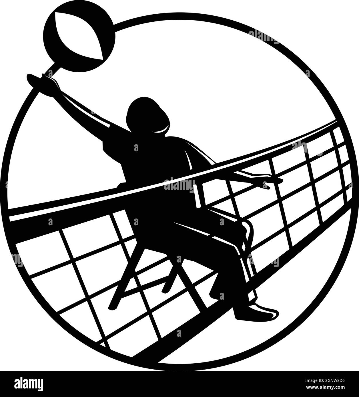 Mascot illustration of senior chair volleyball player spiking the ball over net on isolated white background inside circle in retro black and white st Stock Vector