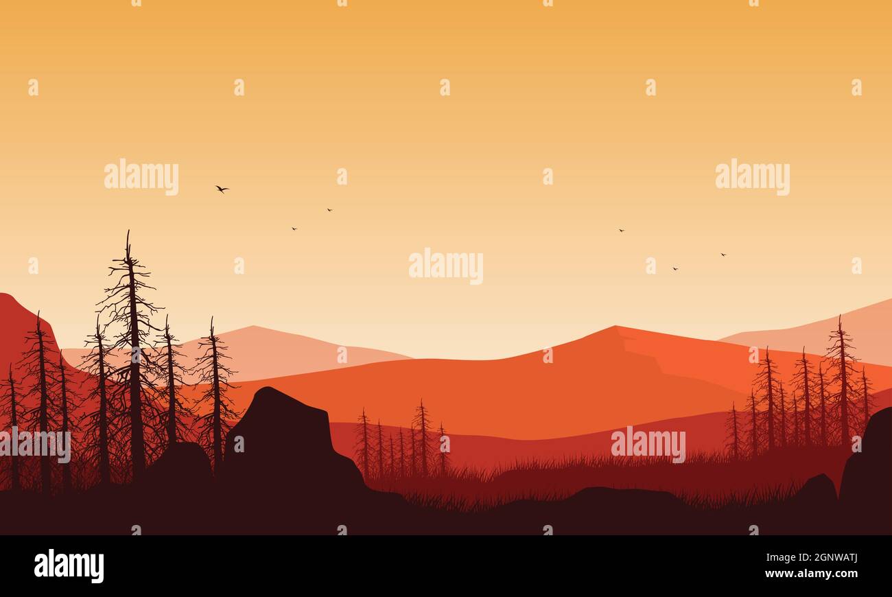 Pdusk Vector Aesthetic view of mountains silhouettes with dry trees from the out of ...