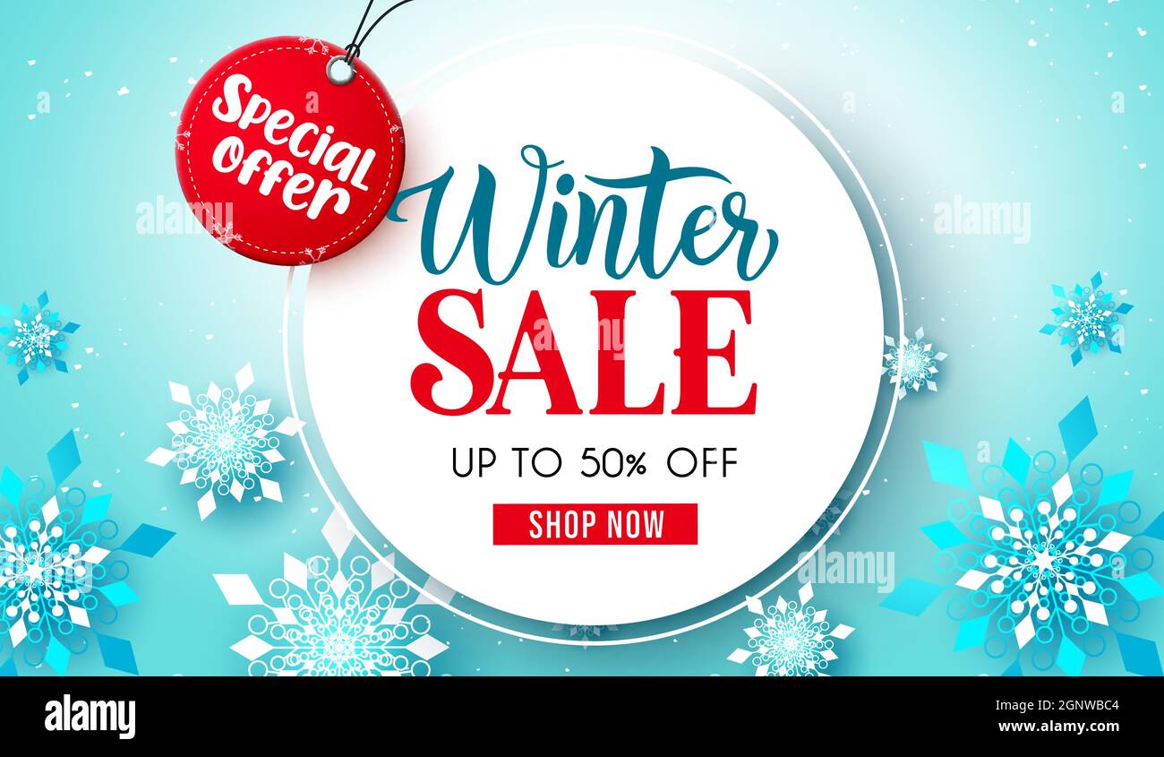 Winter sale text vector template. Winter sale special offer in circle frame space in snow flakes background for business clearance promo banner ads. Stock Vector