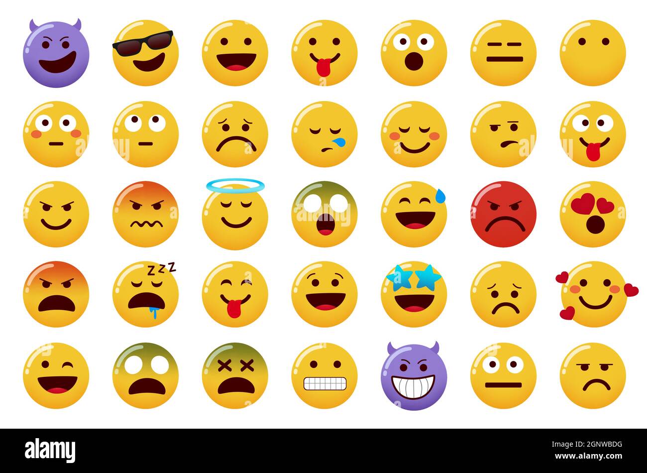 Emoticon smileys vector set. Emoticons character isolated in white background with smiling, evil, angry and sick facial expressions for smiley. Stock Vector