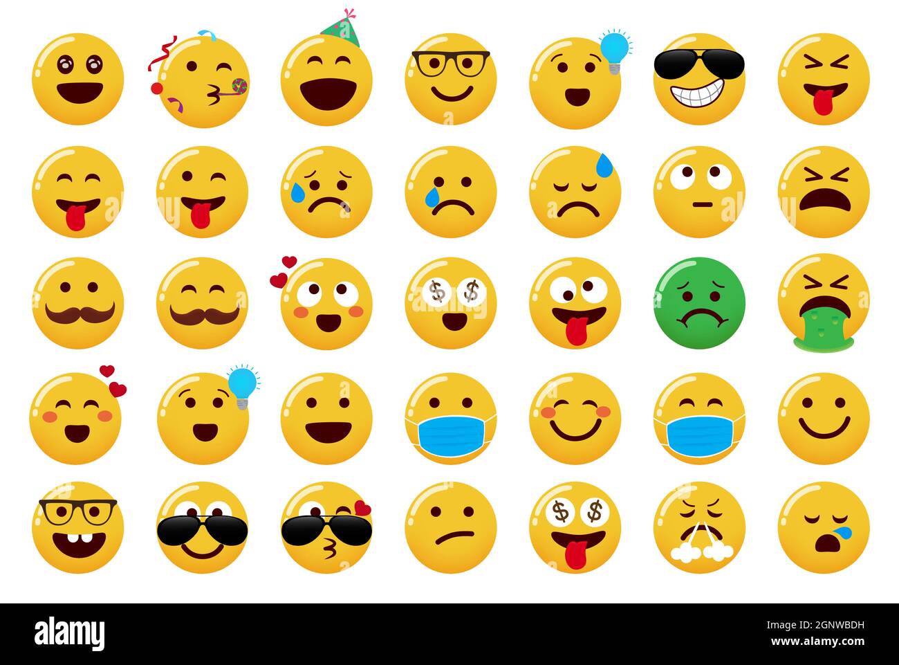 Smileys emoji vector set. Emoticons cute characters with party, cool, crazy and happy emojis face isolated in white background for smiley face express. Stock Vector