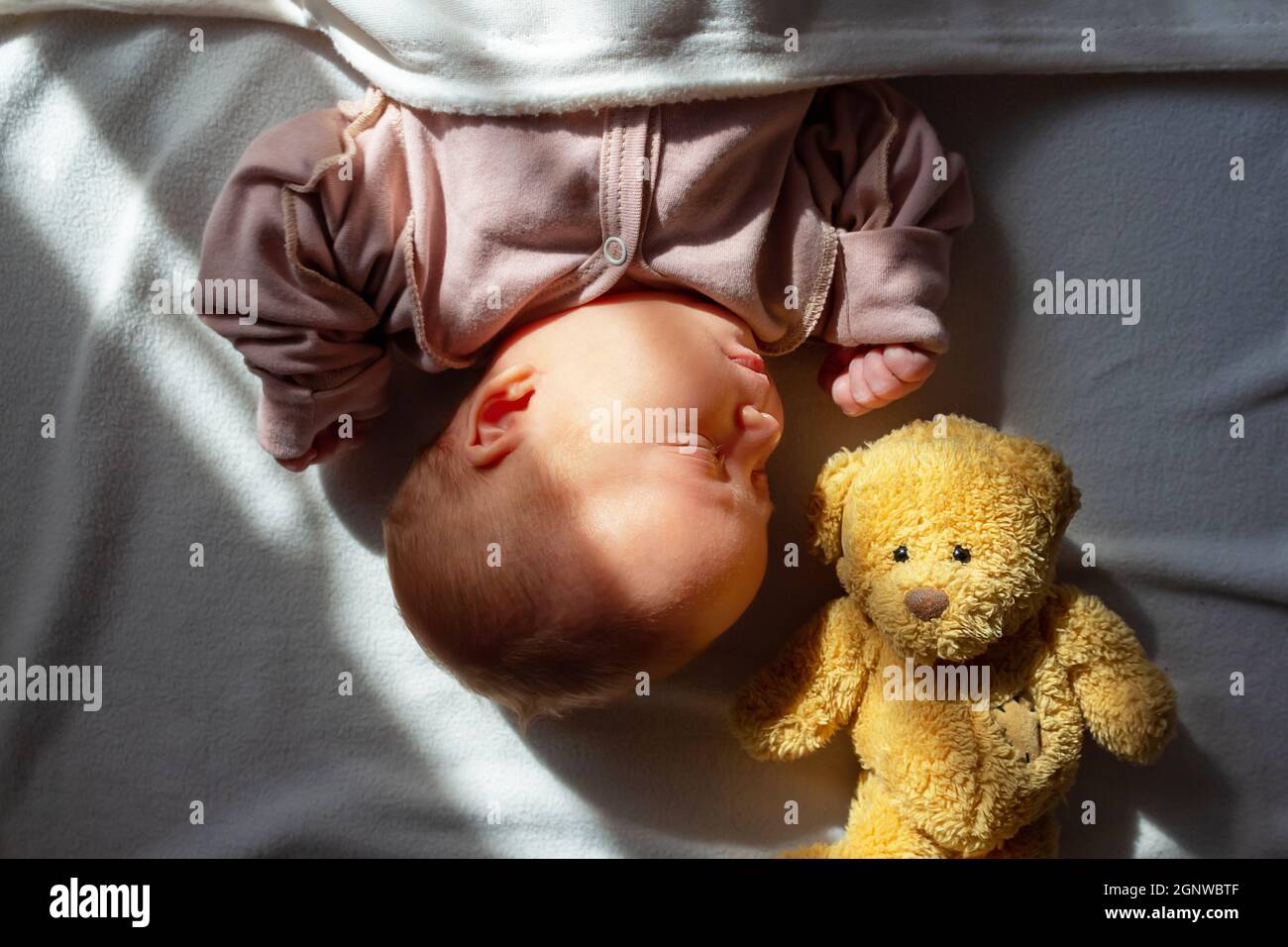 Newborn baby sleeping home with first toy Stock Photo Alamy