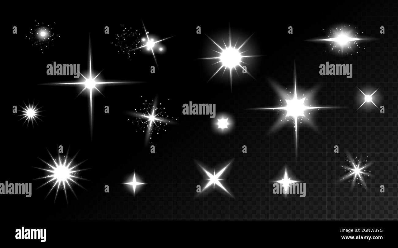 Star shine effects, flash lights with sparkles and glow rays isolated on transparent background. Vector realistic set of bright glare, white flare with shiny beams Stock Vector