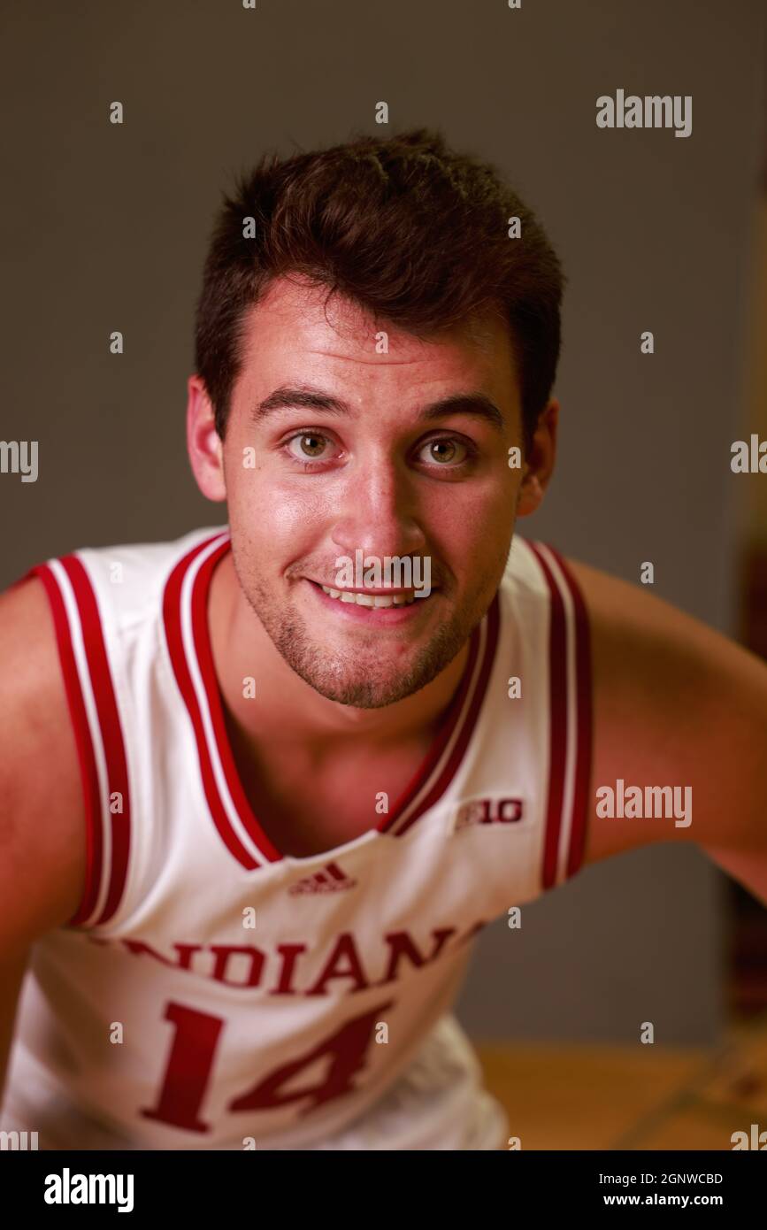 Bloomington, United States. 27th Sep, 2021. Indiana University basketball player Nathan Childress (14) poses for a portrait during the team's media day at Simon Skjodt Assembly Hall in Bloomington. Credit: SOPA Images Limited/Alamy Live News Stock Photo