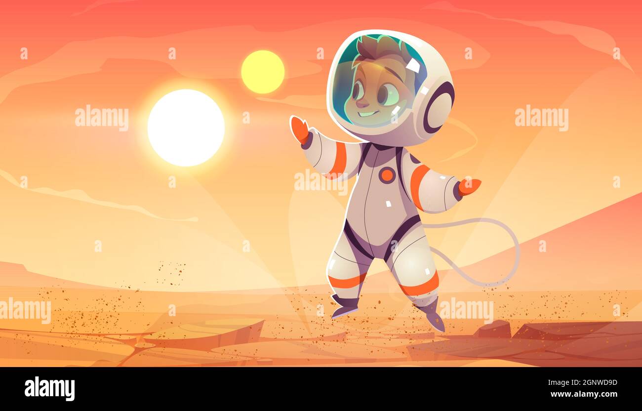 Cute spaceman on Mars surface. Vector cartoon alien planet landscape with red ground and mountains and boy astronaut in spacesuit. Futuristic illustration of cosmonaut in martian desert Stock Vector