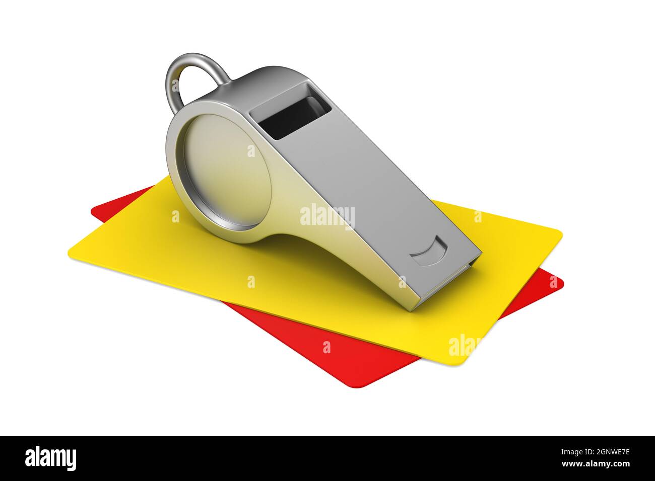 whistle and cards on white background. Isolated 3D illustration Stock Photo