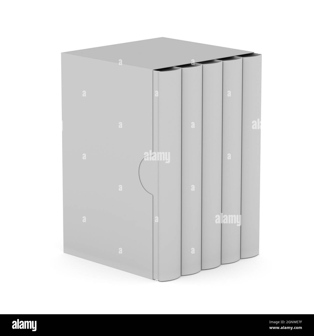 Five books with blank box cover on white background. Isolated 3D illustration Stock Photo