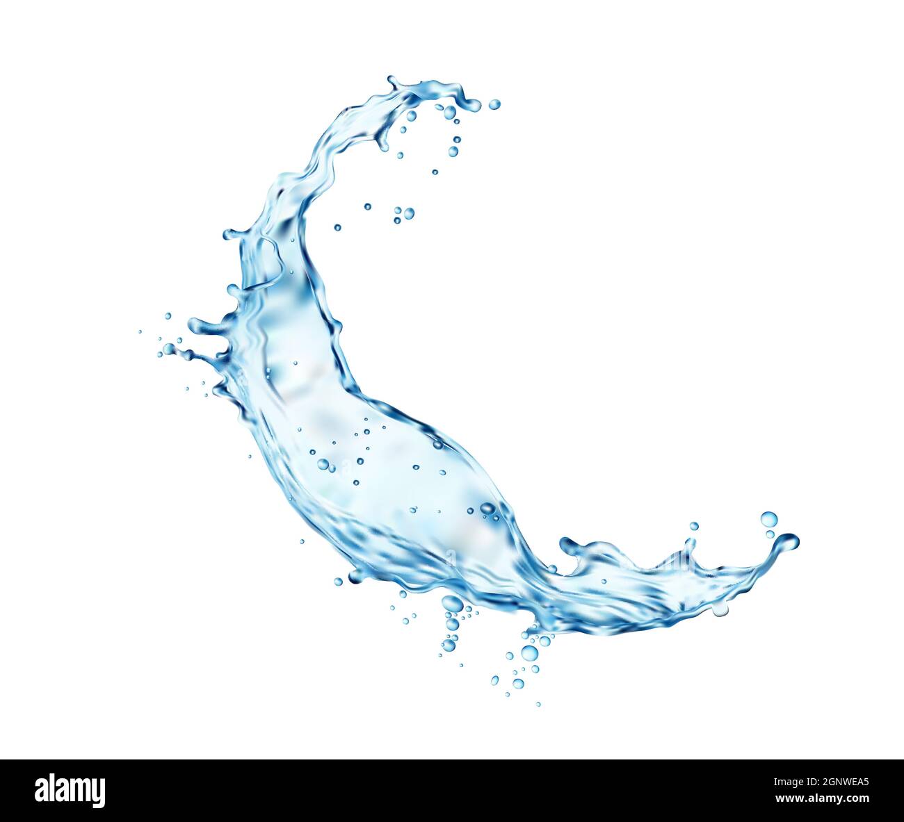 Transparent blue water wave splash with drops. Vector liquid splashing