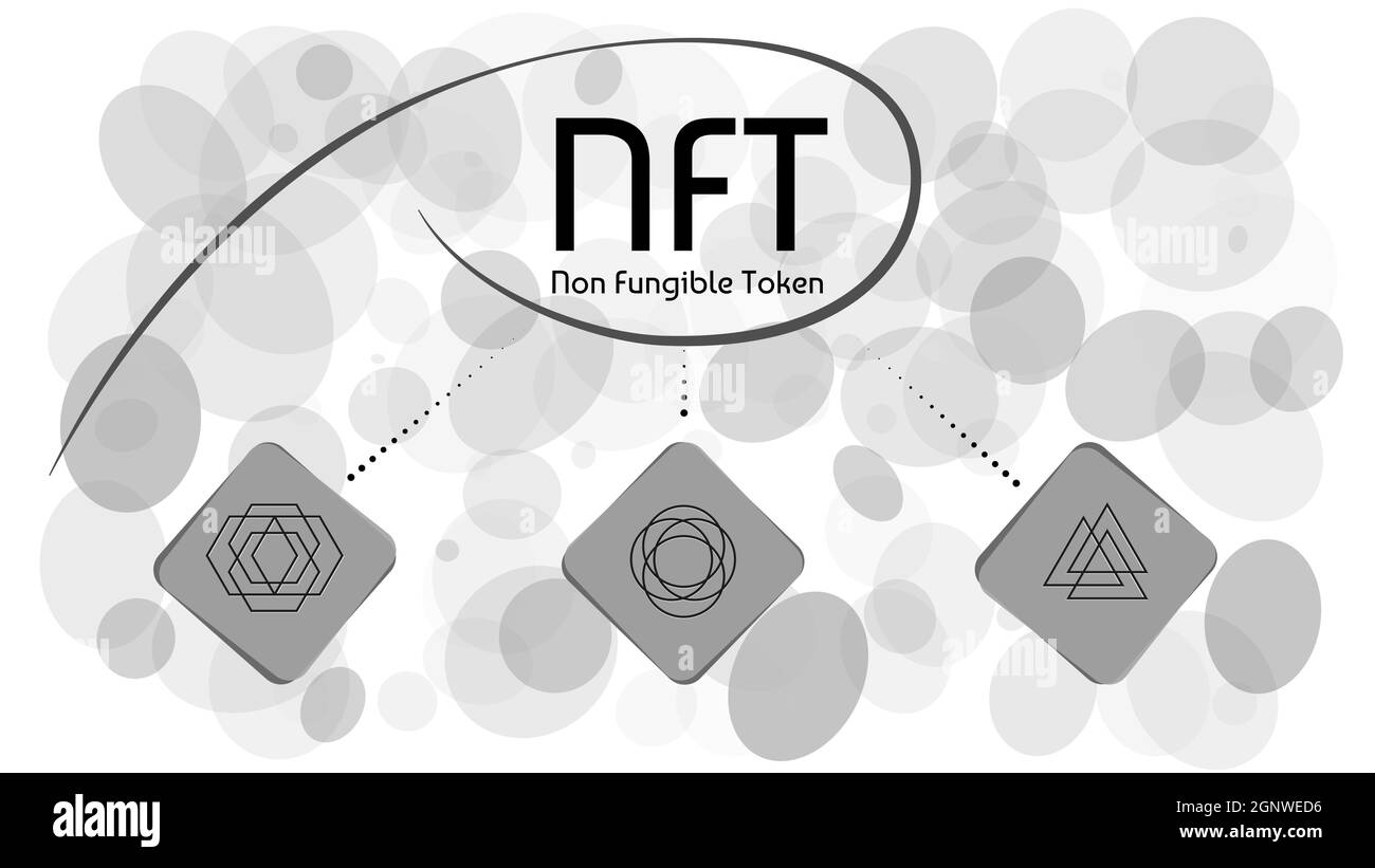 NFT non fungible tokens infographics on abstract white background. Pay for unique collectibles in games or art. Vector illustration. Stock Vector