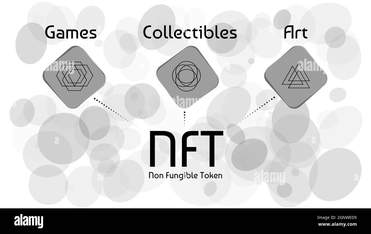 NFT non fungible tokens infographics on abstract light background. Pay for unique collectibles in games or art. Vector illustration. Stock Vector