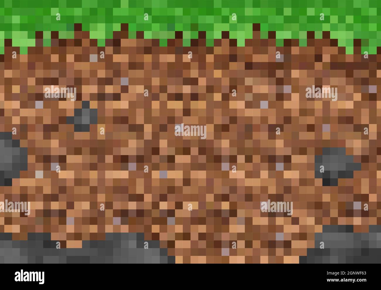 Cubic pixel grass and ground blocks, vector pixel game background pattern. 8bit pixel art landscape of mine, underground and green grass texture, 8 bit computer game level interface Stock Vector