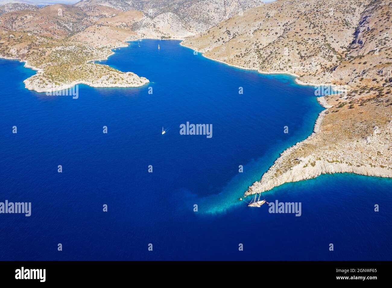 Aerial view of Loryma Bay (Bozukkale), Bozburun  Marmaris Turkey. Stock Photo