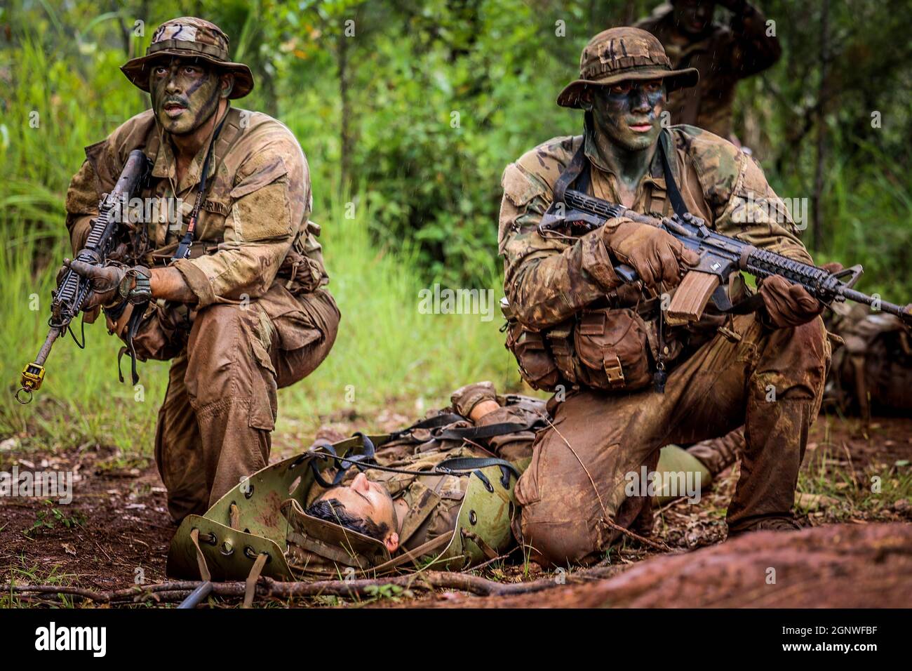 Schofield Barracks, HI — Students from class #11-21 of the Jungle Operations Training Course (JOTC) at Lightning Academy, 25th Infantry Division executed a medical evacuation and a jungle penetrator hoist training exercise on September 23, 2021 at East Range Schofield Barracks, Hawaii. This training allows Jungle students to demonstrate the knowledge they have gained throughout JOTC by evacuating a casualty in a jungle environment.    The Jungle Operations Training Course spans 12 days through which students execute a 12 day program of instruction. Subjects focus on jungle mobility training, w Stock Photo