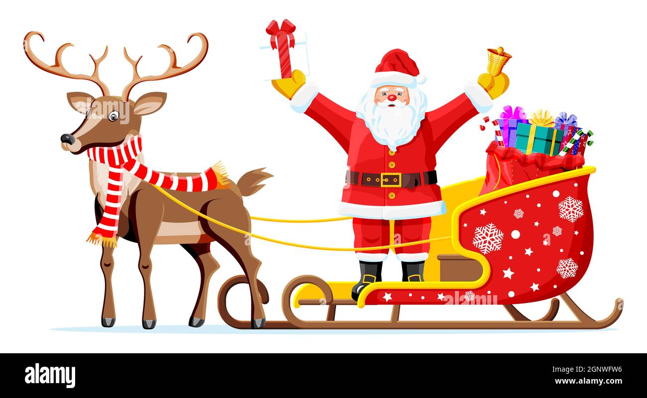 Santa claus on sleigh full of gifts and reindeer. Stock Vector