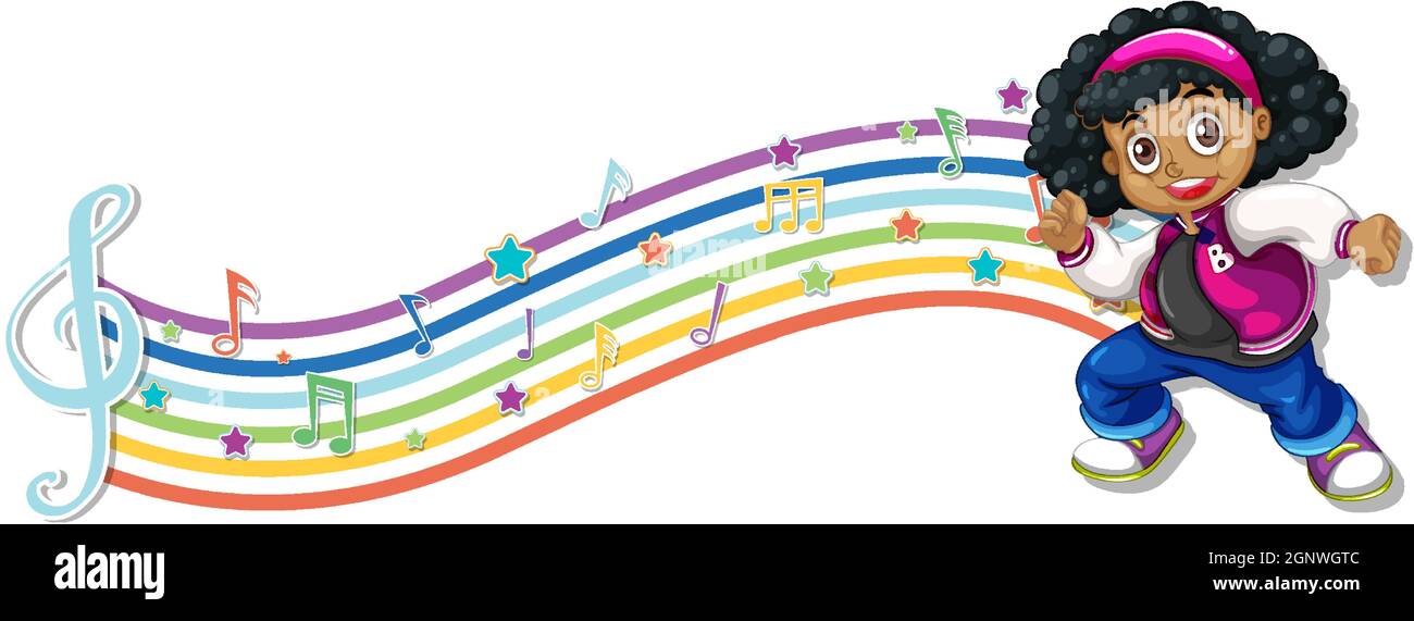 Cute girl with melody symbols on rainbow wave illustration Stock Vector ...
