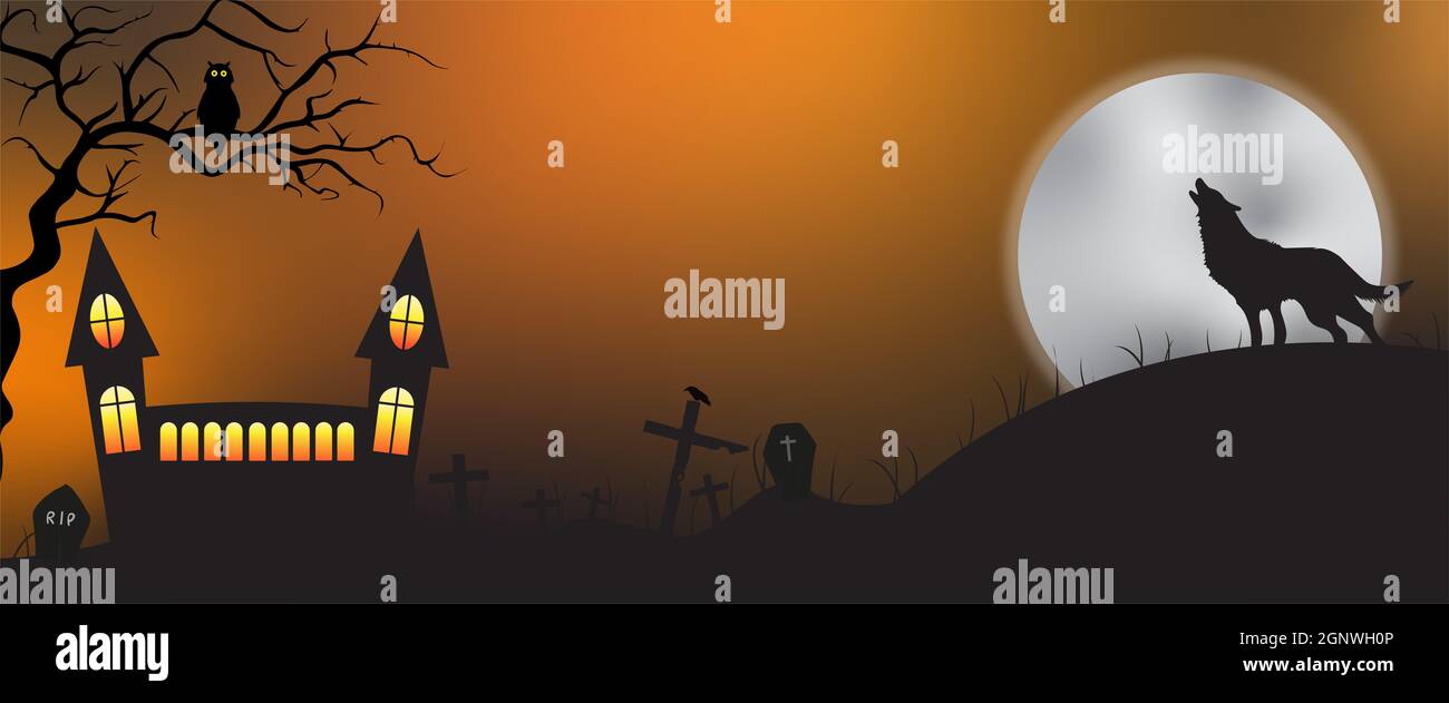 Halloween Concept Background With A Moon Castle Howling Dog In Full Moon Night Tree Owl And Grave Stock Photo Alamy