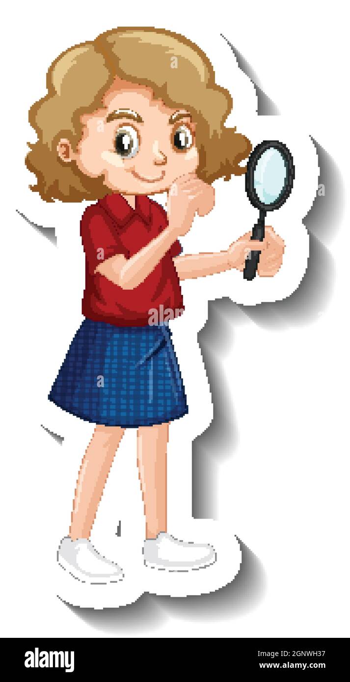 A girl holding magnifying glass cartoon character sticker illustration
