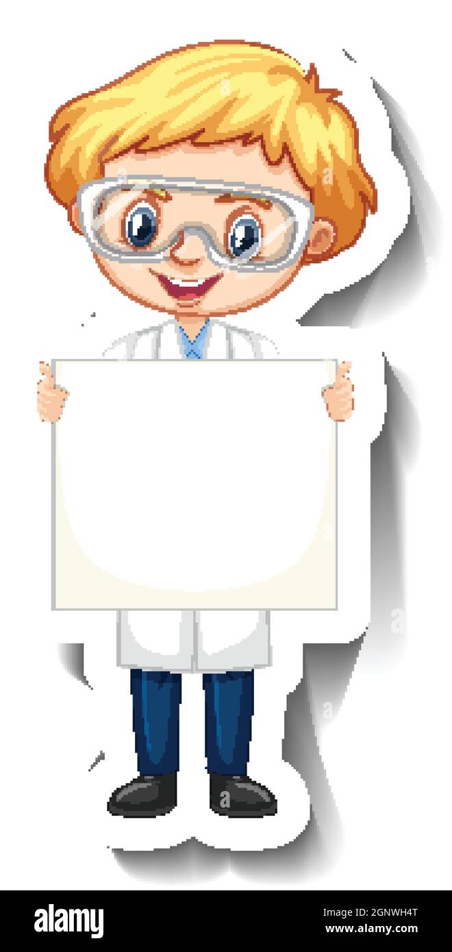 Cartoon character sticker with a boy in science gown holding empty ...