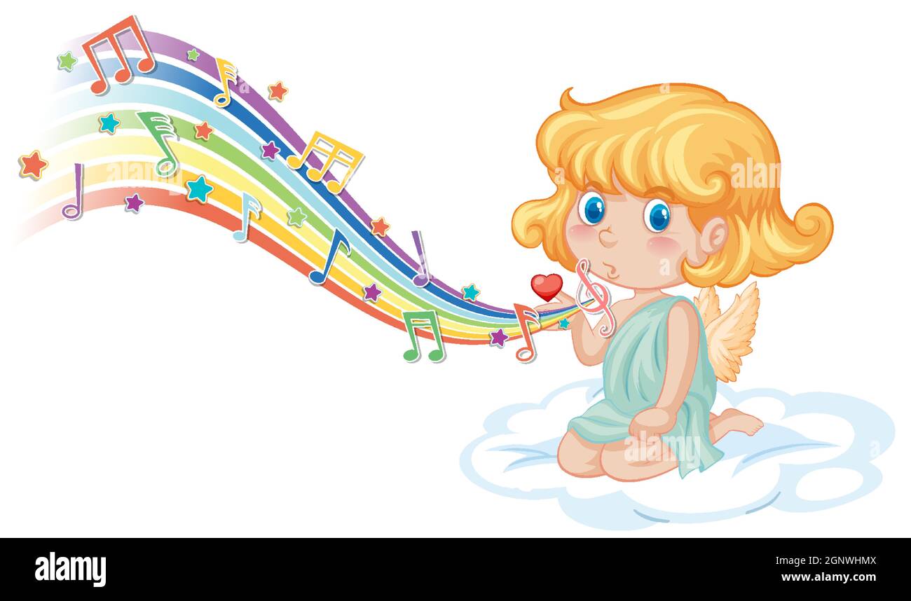 Cupid girl on the cloud with melody symbols on rainbow illustration ...
