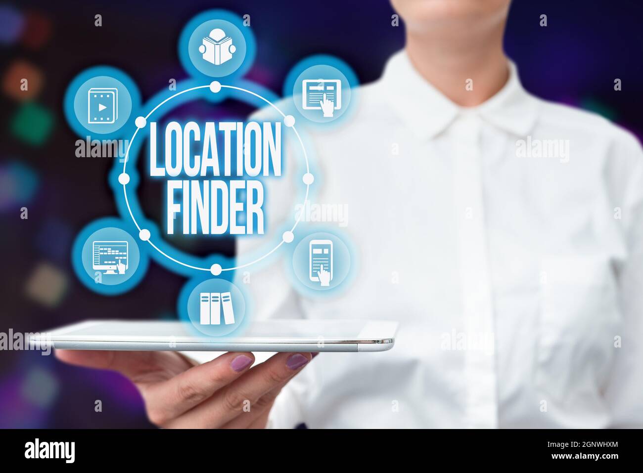 Text caption presenting Location Finder. Concept meaning A service featured to find the address of a selected place Lady Uniform Standing Tablet Hand Stock Photo