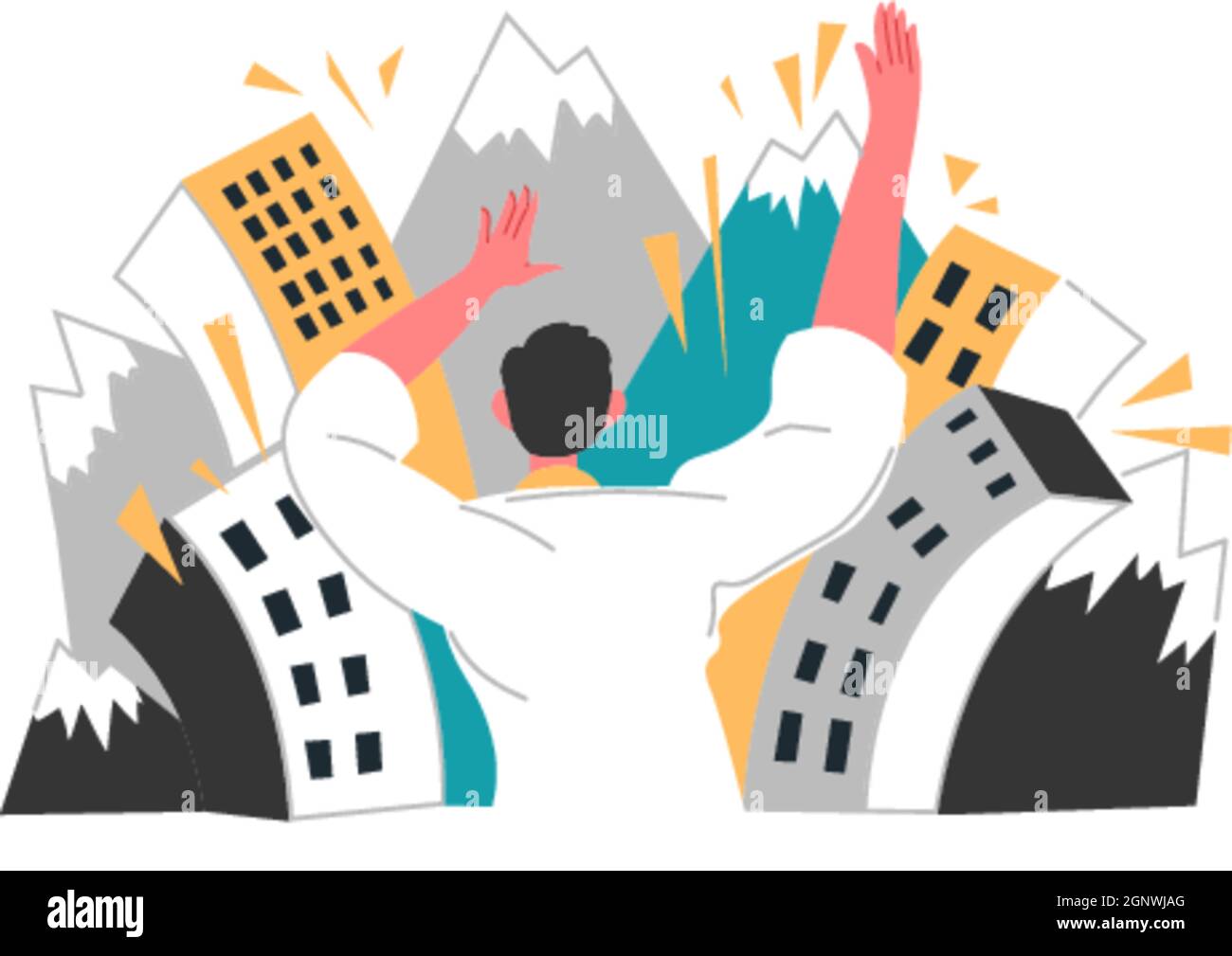 Earthquake or disaster, mountains and buildings Stock Vector