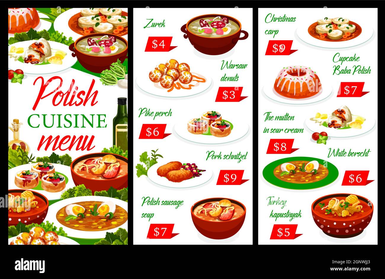 Polish Cuisine Restaurant Menu Poland Food Dishes Of Lunch And Dinner   Polish Cuisine Restaurant Menu Poland Food Dishes Of Lunch And Dinner Vector Polish Cuisine Gourmet Food Meals Of Pork Schnitzel White Borscht And Zurek Soup Polish Baba Cupcake And Warsaw Donut 2GNWJJ3 