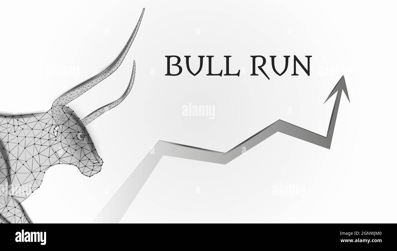 Bull run with a polygonal bull head and an upward arrow on white background. Bullish trend on