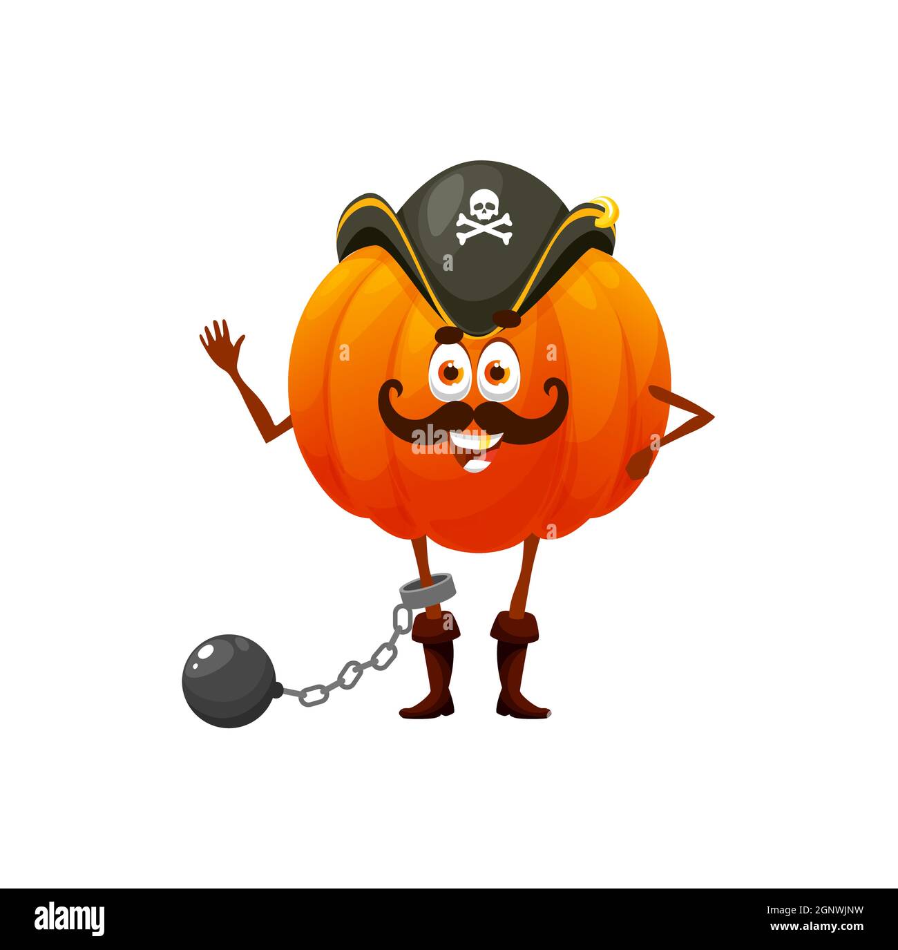 Guard pumpkin veggie pirate or buccaneer isolated funny cartoon characters. Vector playful corsair in hat, prisoner with dumbbell, kids children emoji vegetable with mustaches waving hand Stock Vector