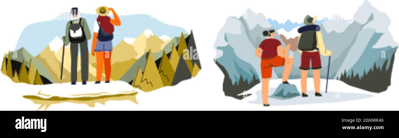 People traveling and hiking in mountains vector Stock Vector