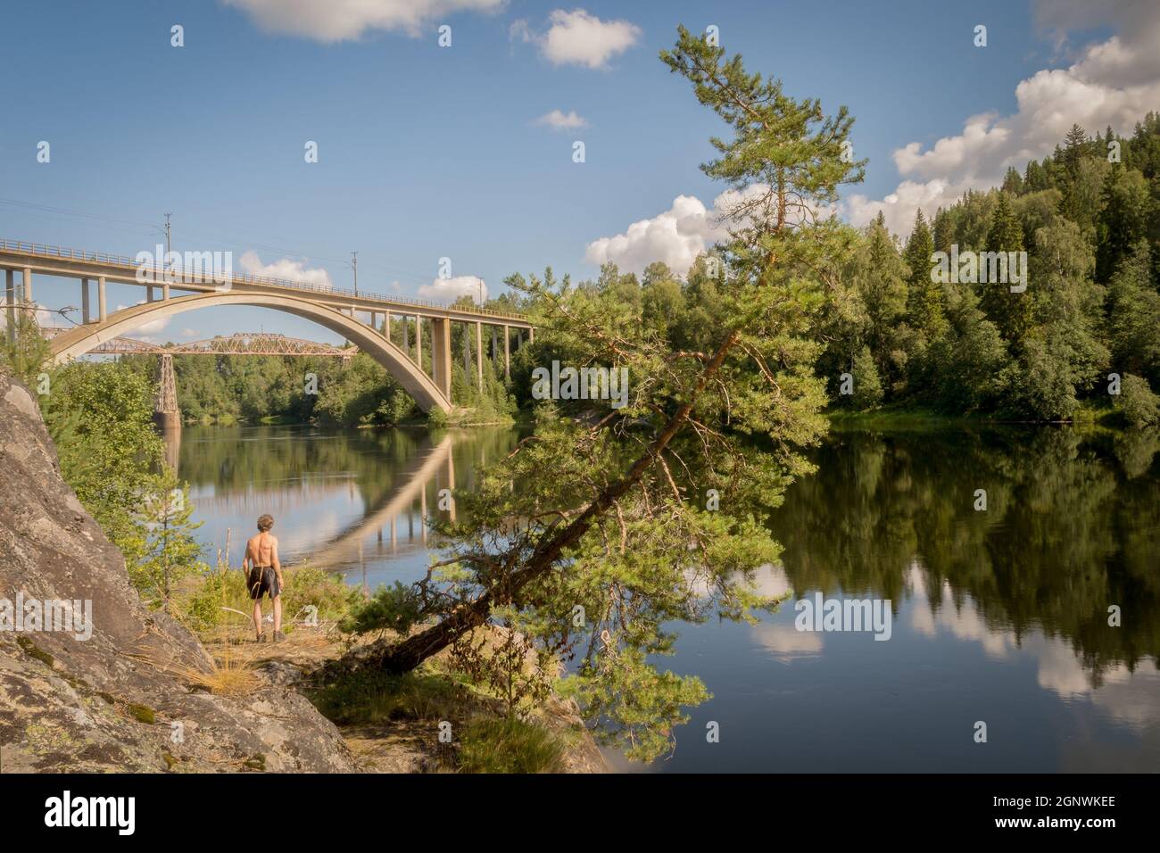 man standing with a river, tree and bridges Stock Photo