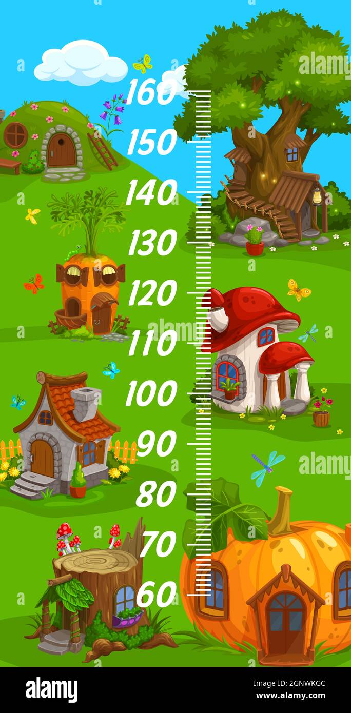 Kids height chart, gnome elf and wizard cartoon home dwellings, vector