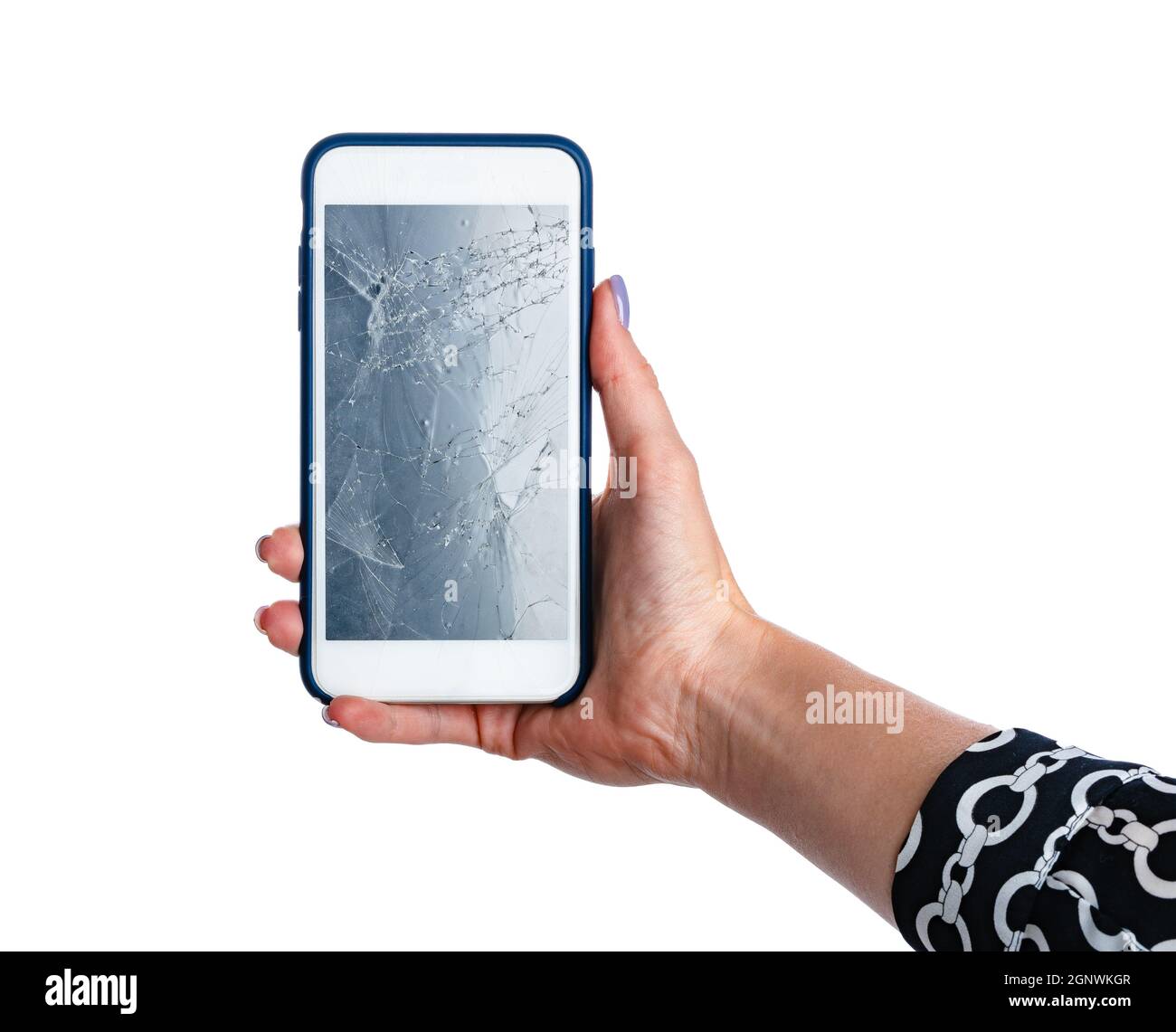 Woman hands holding smartphone with cracked screen isolated on white ...